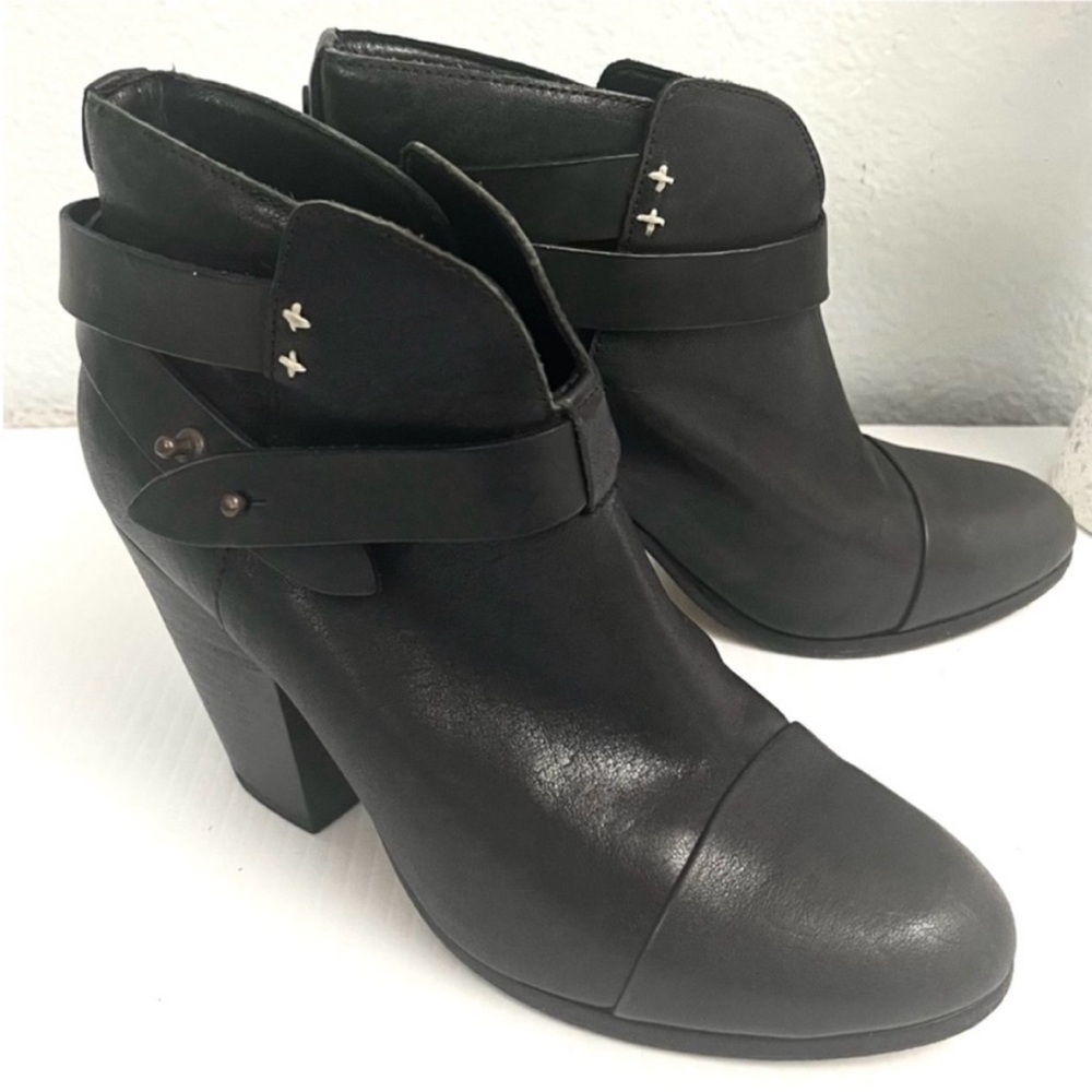 rag & bone Chunky Heels Strap Detail Black Leather Ankle Booties Sz 38
